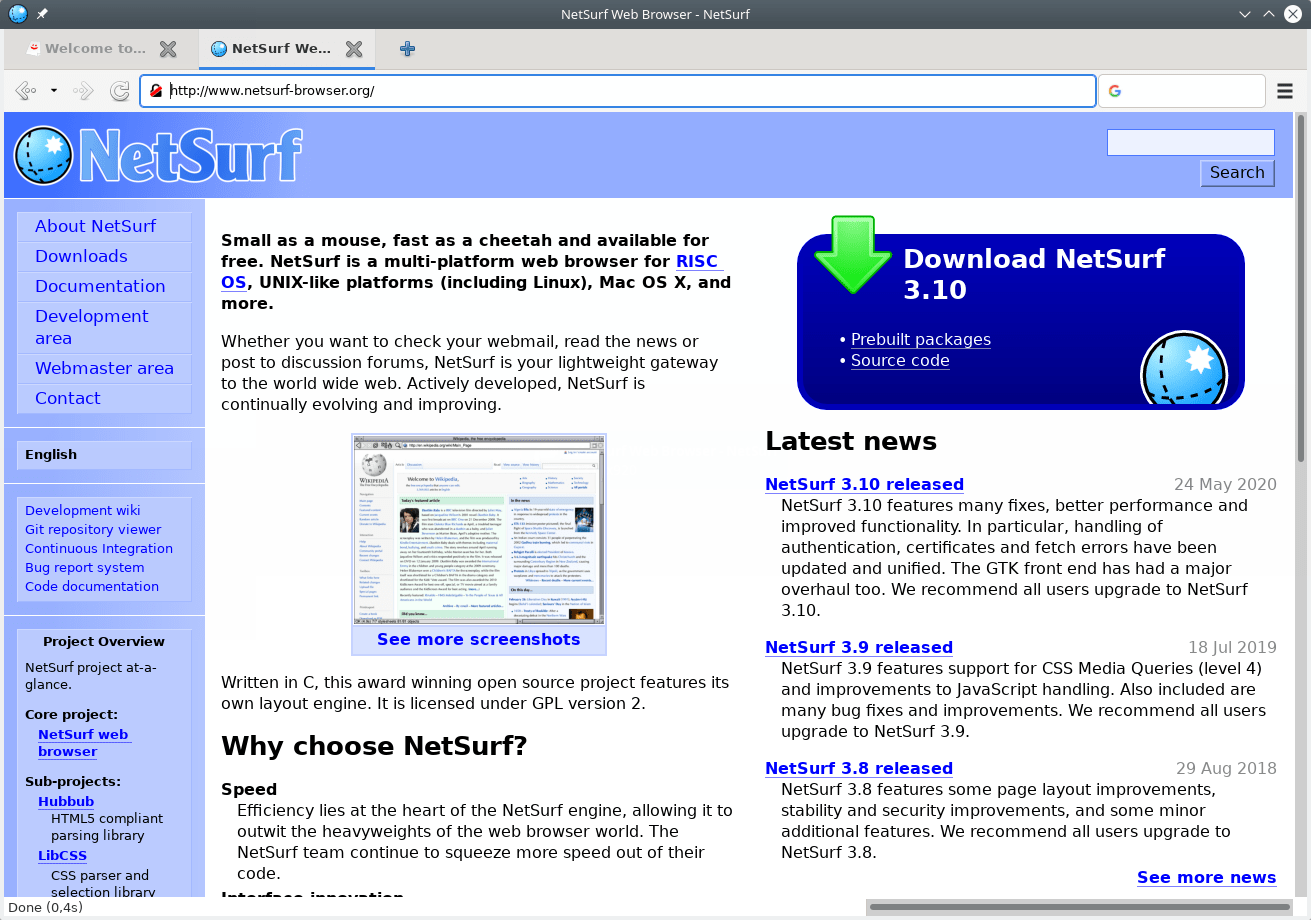 NetSurf Web Browser. Просмотр сайта