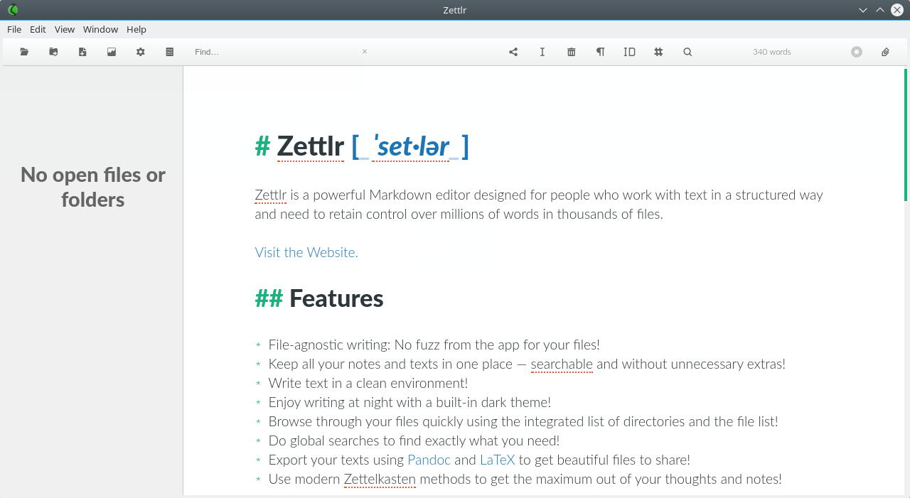 Zettlr. Окно программы