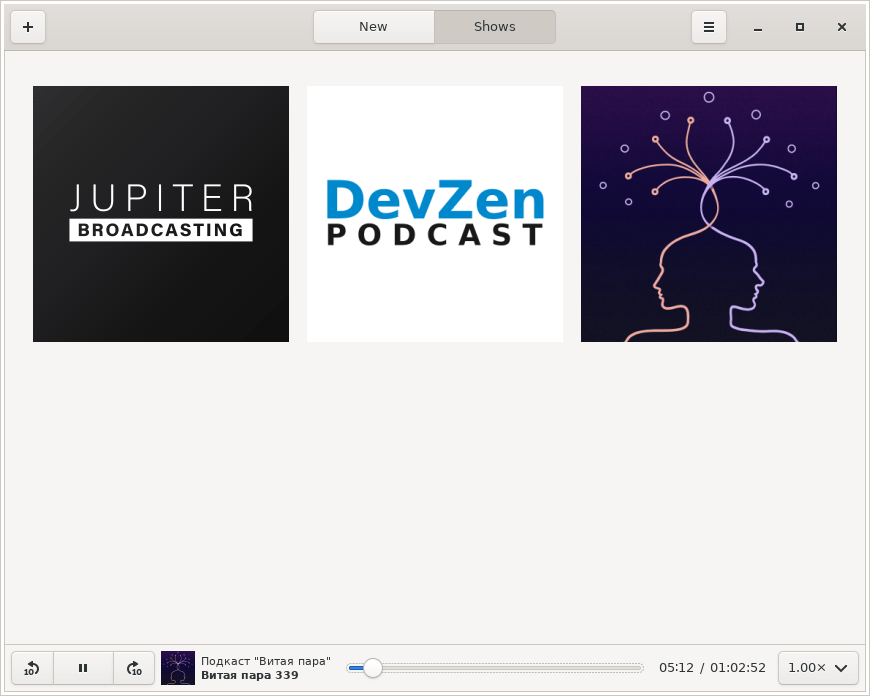 GNOME Podcasts. Список подписок на подкасты