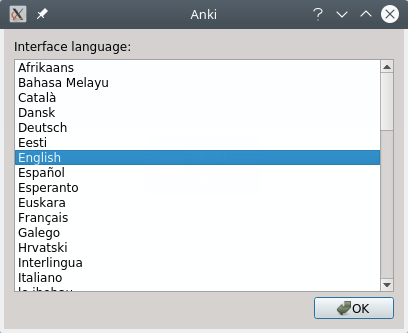 Anki. Выбор языка интерфейса программы при первом запуске.