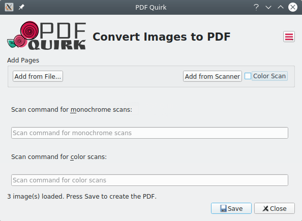PDF Quirk. Добавлены 3 изображения для создания документа