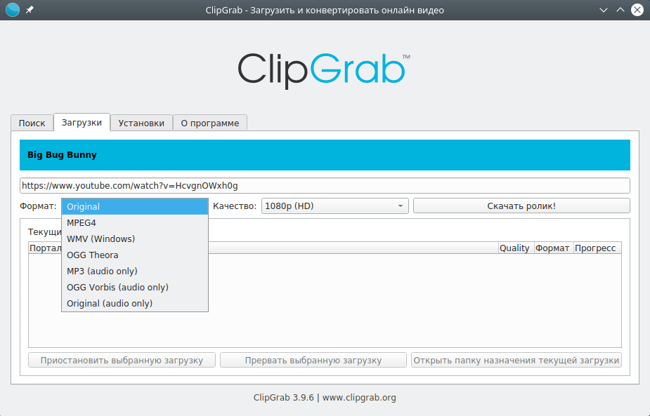 ClipGrab. Выбор формата и качества
