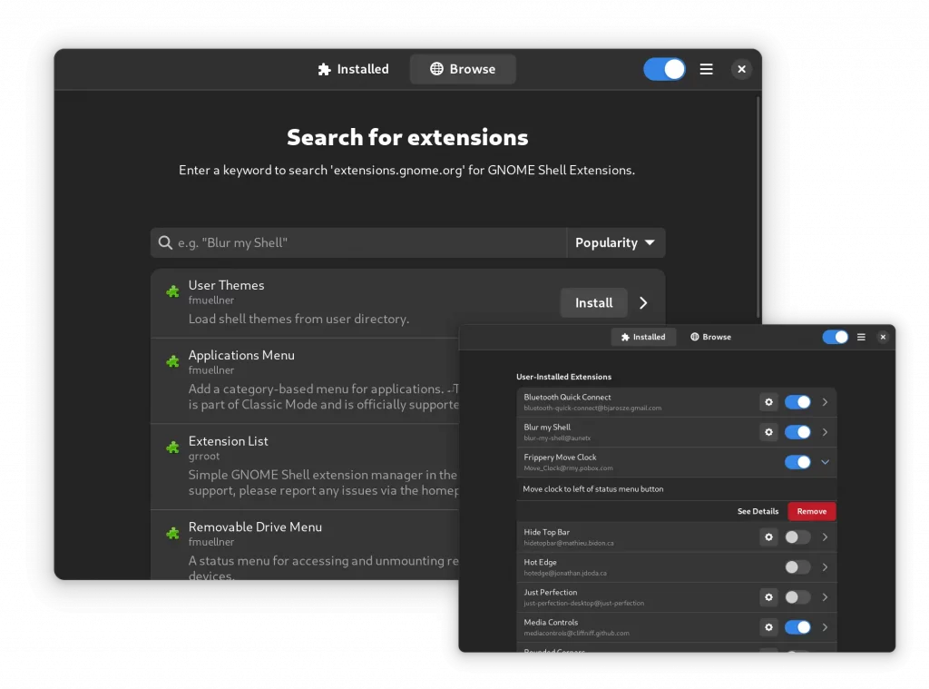 GNOME Extension Manager. Окно программы. Скриншот взят с официального сайта