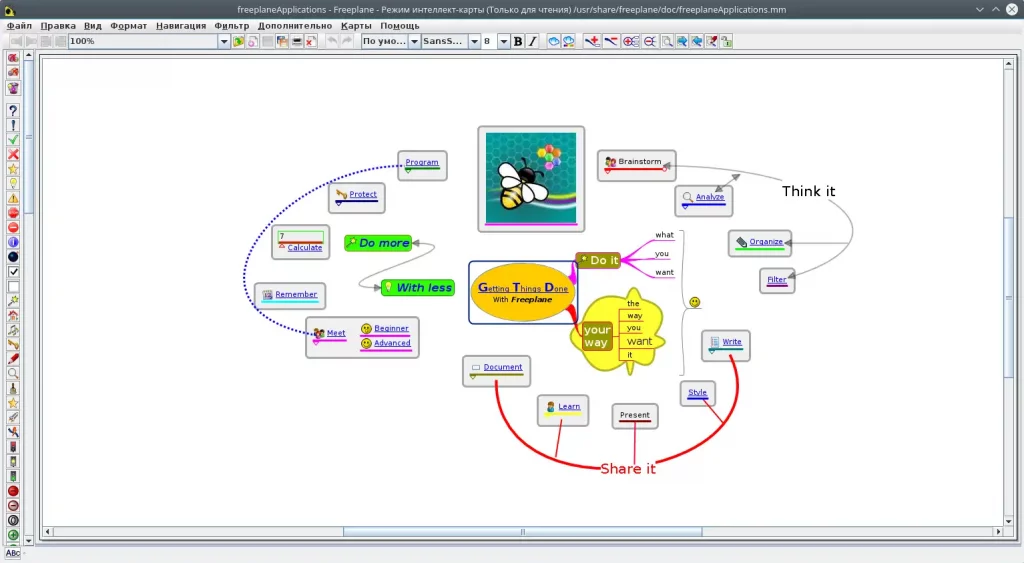 Freeplane. Окно программы