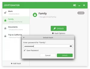 Cryptomator. Разблокирвоание хранилища