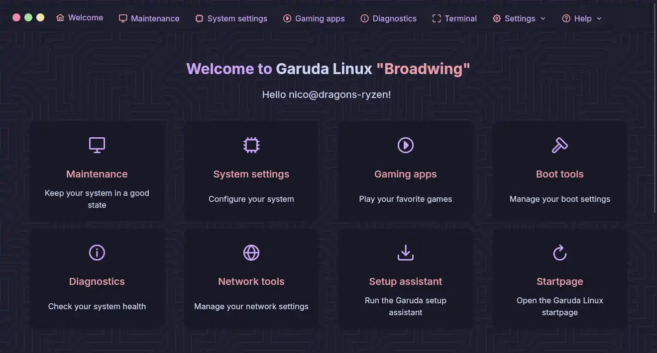 Linux Garuda Broadwing. Новое приветственное приложение Rani