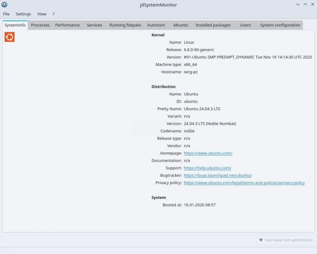 jdSystemMonitor. Информации о дистрибутиве