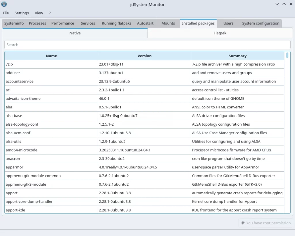 jdSystemMonitor. Установленные пакеты в системе