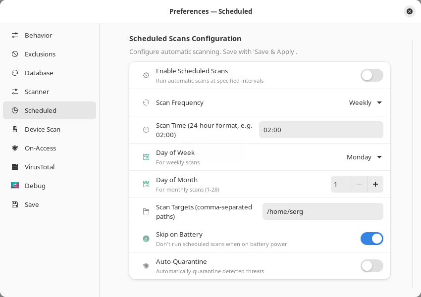 ClamUI. Настройка запланированного сканирования