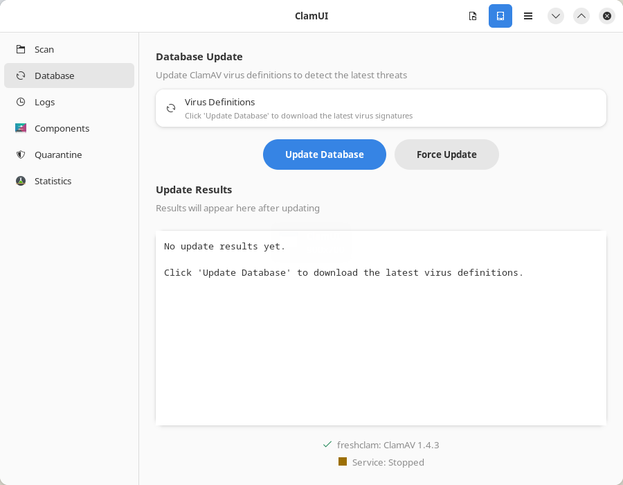 ClamUI. Обновление базы данных последних сигнатур вирусов