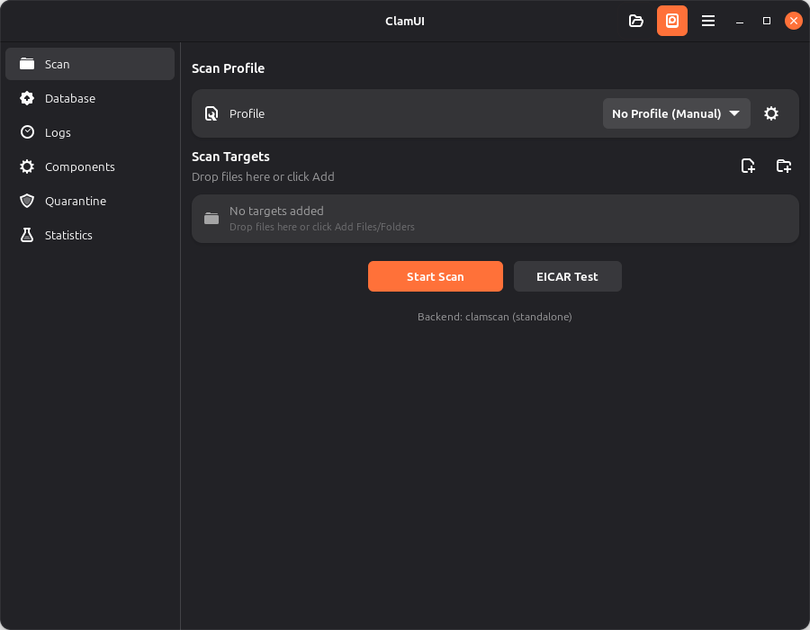 ClamUI. Сканирование. Профили и цели. Скриншот взят с официального сайта