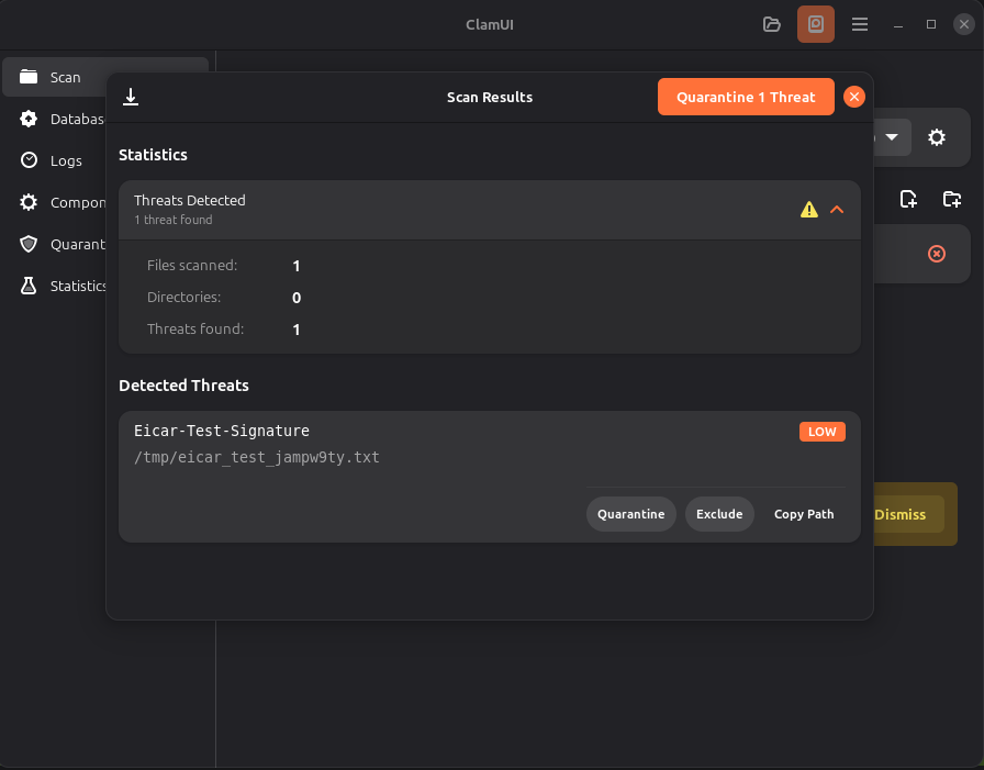 ClamUI. Сканирование. Результаты сканирования. Скриншот взят с официального сайта