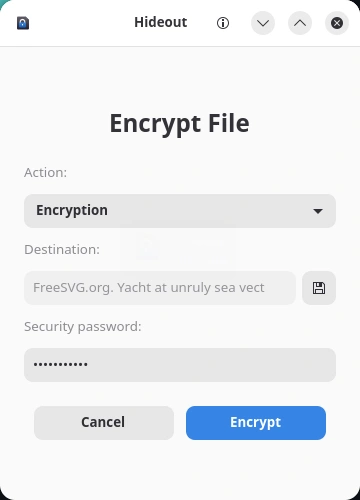 Hideout. Ввод пароля для шифрования файла. Измнение наименования и места сохранения файла