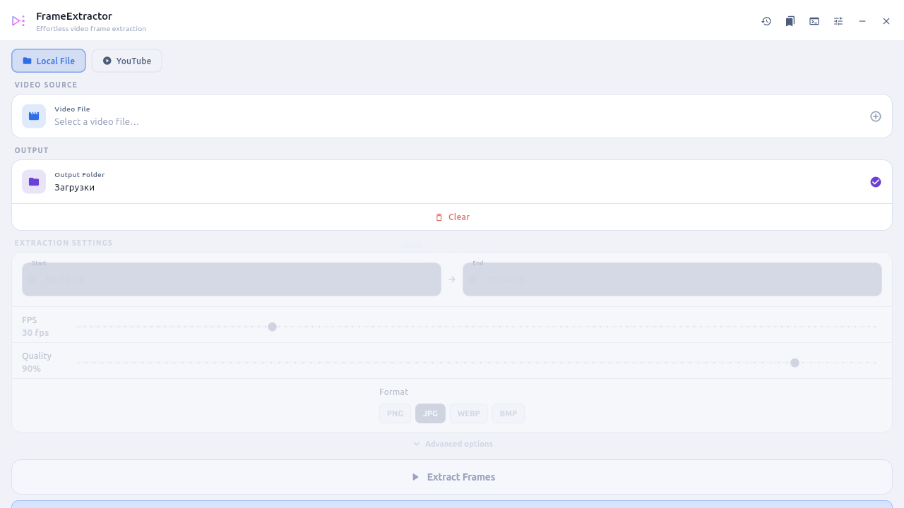 FrameExtractor. Извлечение видеокадров с локального видеофайла. Светлая тема
