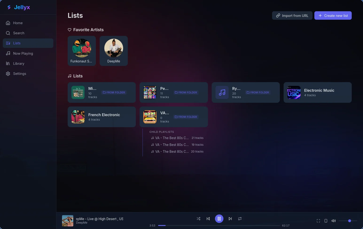 Jellyx. Списки воспроизведения. Скриншот взят с официального сайта
