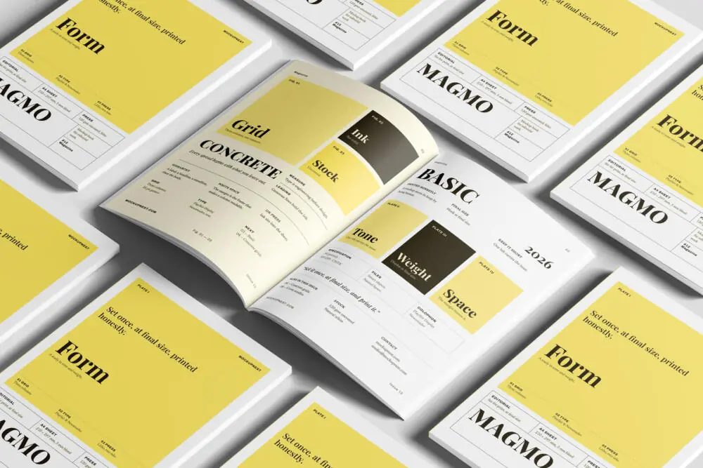 Blugraphic. EU Magazine Mockup High Angle View