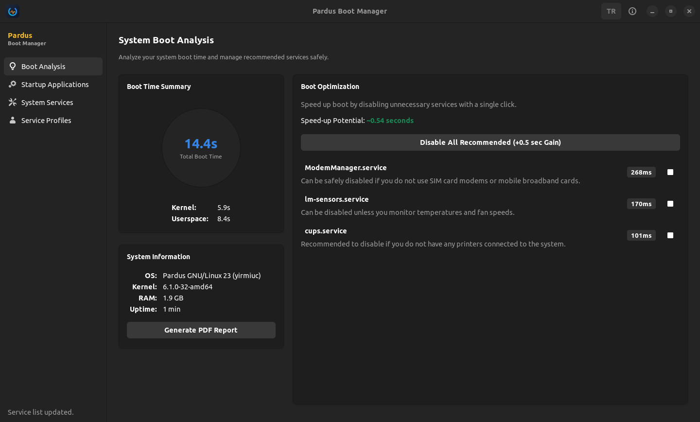Pardus Boot Analyzer. Анализ времени загрузки. Скриншот взят с официального сайта