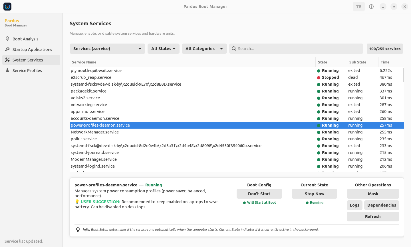 Pardus Boot Analyzer. Управление системными сервисами. Скриншот взят с официального сайта