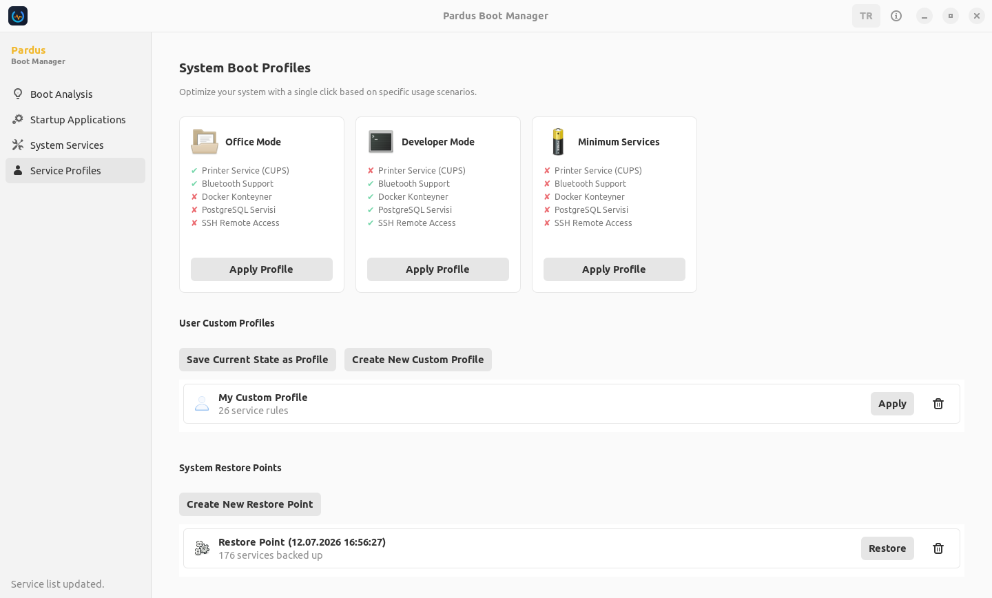 Pardus Boot Analyzer. правление пользовательскими профилями. Скриншот взят с официального сайтаPardus Boot Analyzer. правление пользовательскими профилями. Скриншот взят с официального сайта