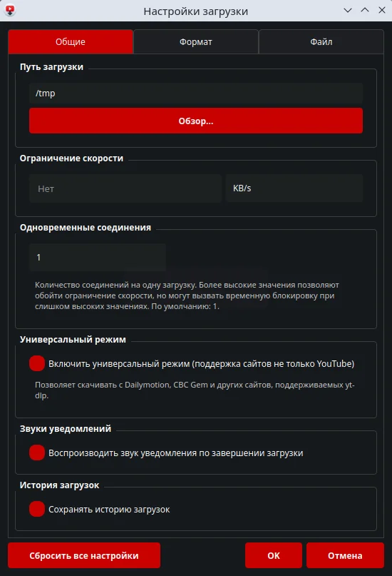 YTSage. Настройки загрузки